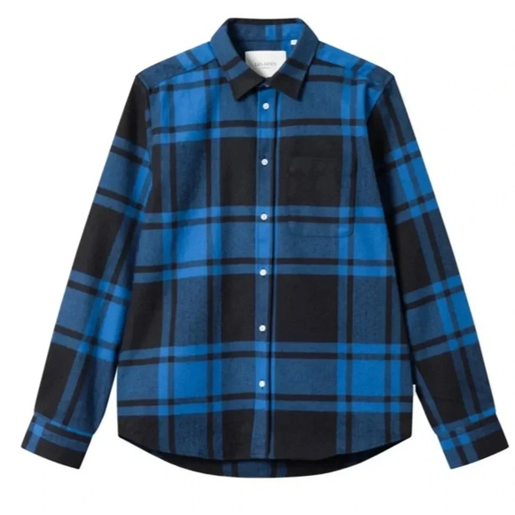 NWT LES DEUX Jeremy Plaid Flannel Button-Up Shirt in Black/Paris Blue Medium - Picture 2 of 8
